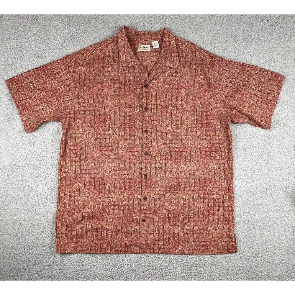 LL Bean Mens Aztec Mayan Cotton Short Sleeve Button-Down Shirt XL Tall XLT Red
